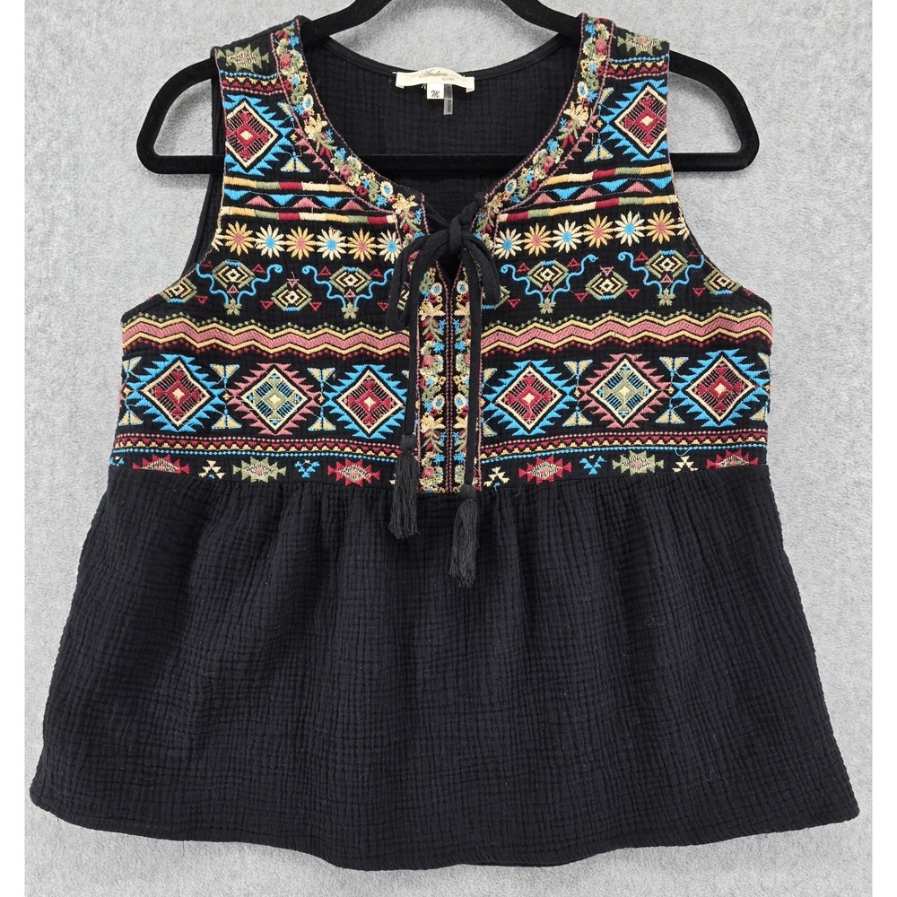 Andree by Unit Gauze Embroidered Tank Top Shirt‎ Sz M Black Multi Aztec Boho